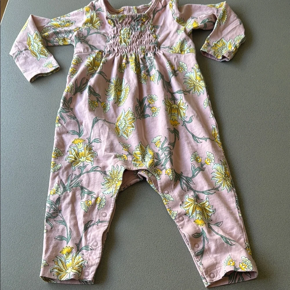 Tea Collection Pink Floral Smocked Romper Jumpsuit Baby Girl 12M